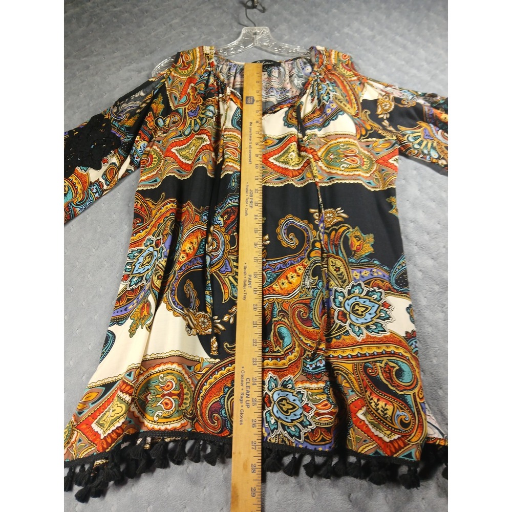 Caleoos Paisley Cold Shoulder Tunic Top M Tassels Artsywear Festival Boho - Picture 3 of 8